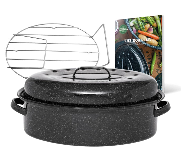 GRANITEWARE - Roaster Bräter aus emailliertem Stahl - Gross - Edelstahlrost + Rezeptbuch