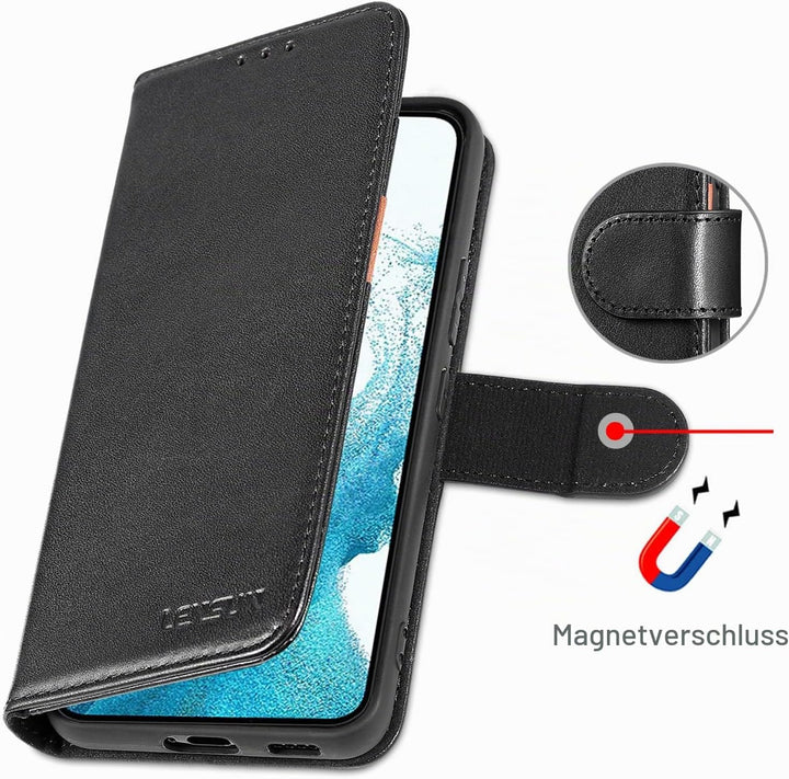 LENSUN Echtleder Hülle für Samsung Galaxy S22, Handyhülle [Echtes Leder] [Magnetverschluss] [RFID Sc