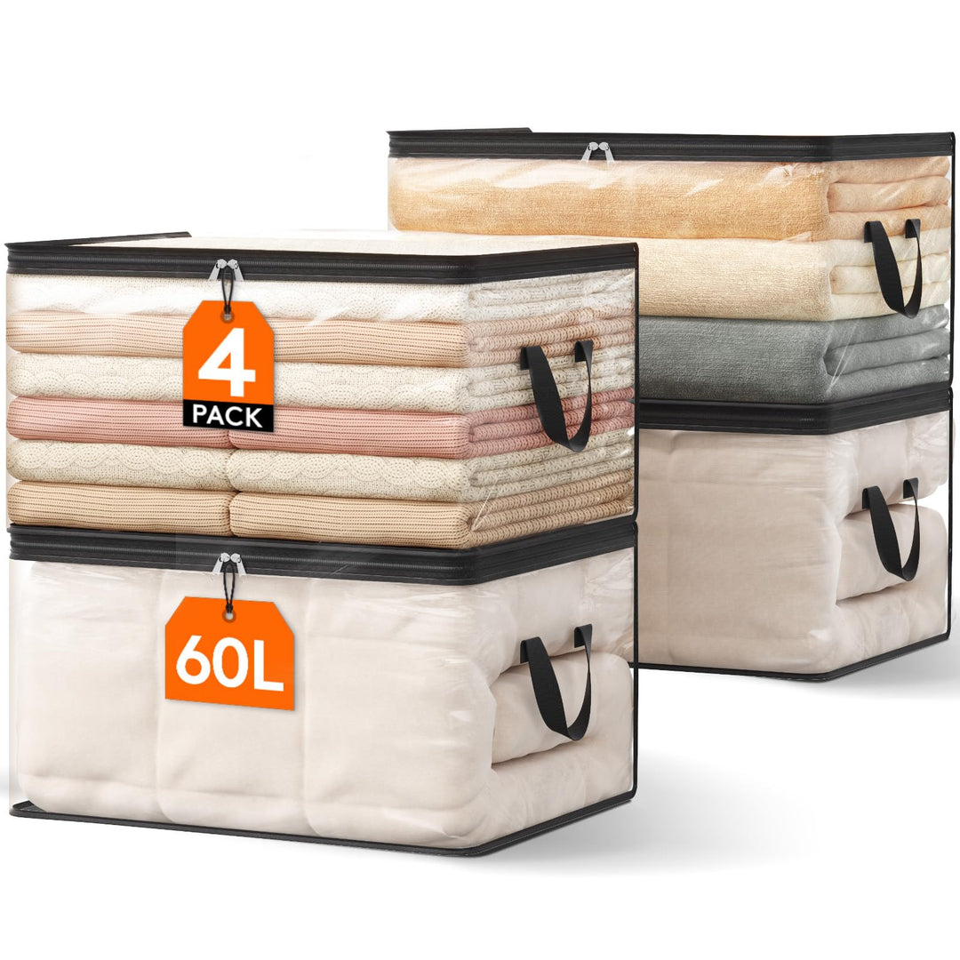 Lifewit 4er Pack Transparente Plastik Aufbewahrungstasche, 60L Kleiderschrank Organizer Aufbewahrung