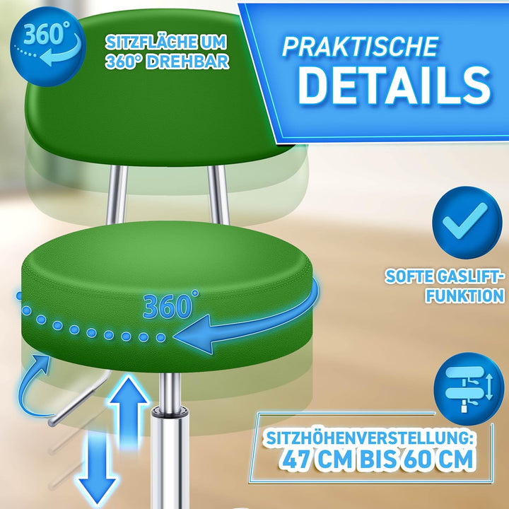 TRESKO® Rollhocker mit Lehne Grün | Arbeitshocker höhenverstellbar 46-58 cm | Drehhocker mit Rollen