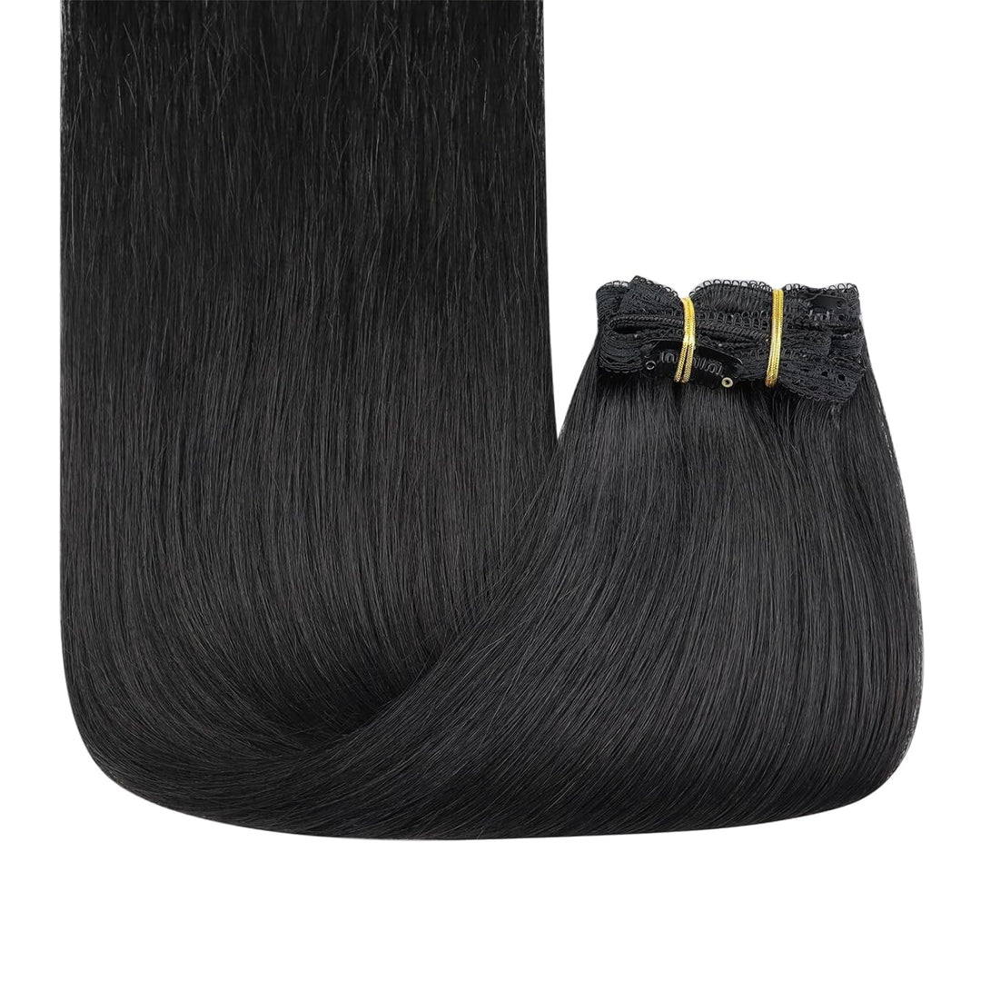 Fshine Clip in Extensions Echthaar Schwarz 60cm 120 Gramm Human Straight Haar Doppelt Weft Extension