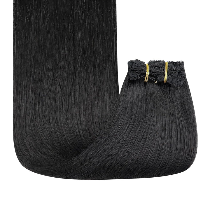 Fshine Clip in Extensions Echthaar Schwarz 60cm 120 Gramm Human Straight Haar Doppelt Weft Extension