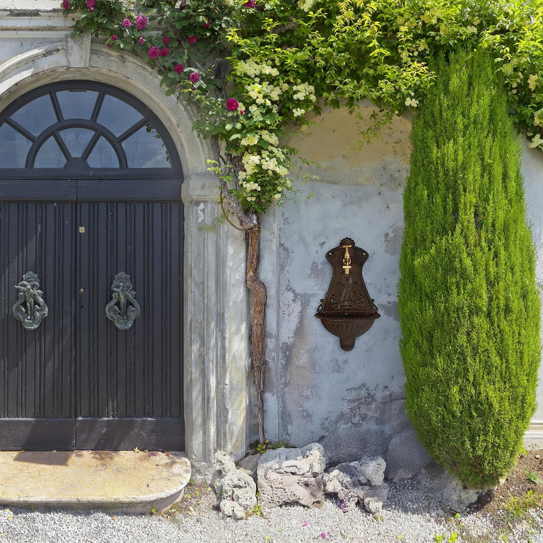 Relaxdays Wandbrunnen, nostalgischer Gartenbrunnen, Waschbecken & Wasserhahn, HBT: 42 x 24,5 x 11,5