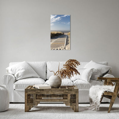 Bilder auf Leinwand Strand Meer Fussgängerbrücke Ufer Leinwandbild mit Rahmen 45x80cm Wandbilder Dek