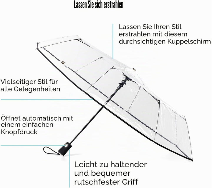 totes Transparenter Regenschirm, automatisches Öffnen, zusammenklappbar, schwarz, Einheitsgrösse, Ul