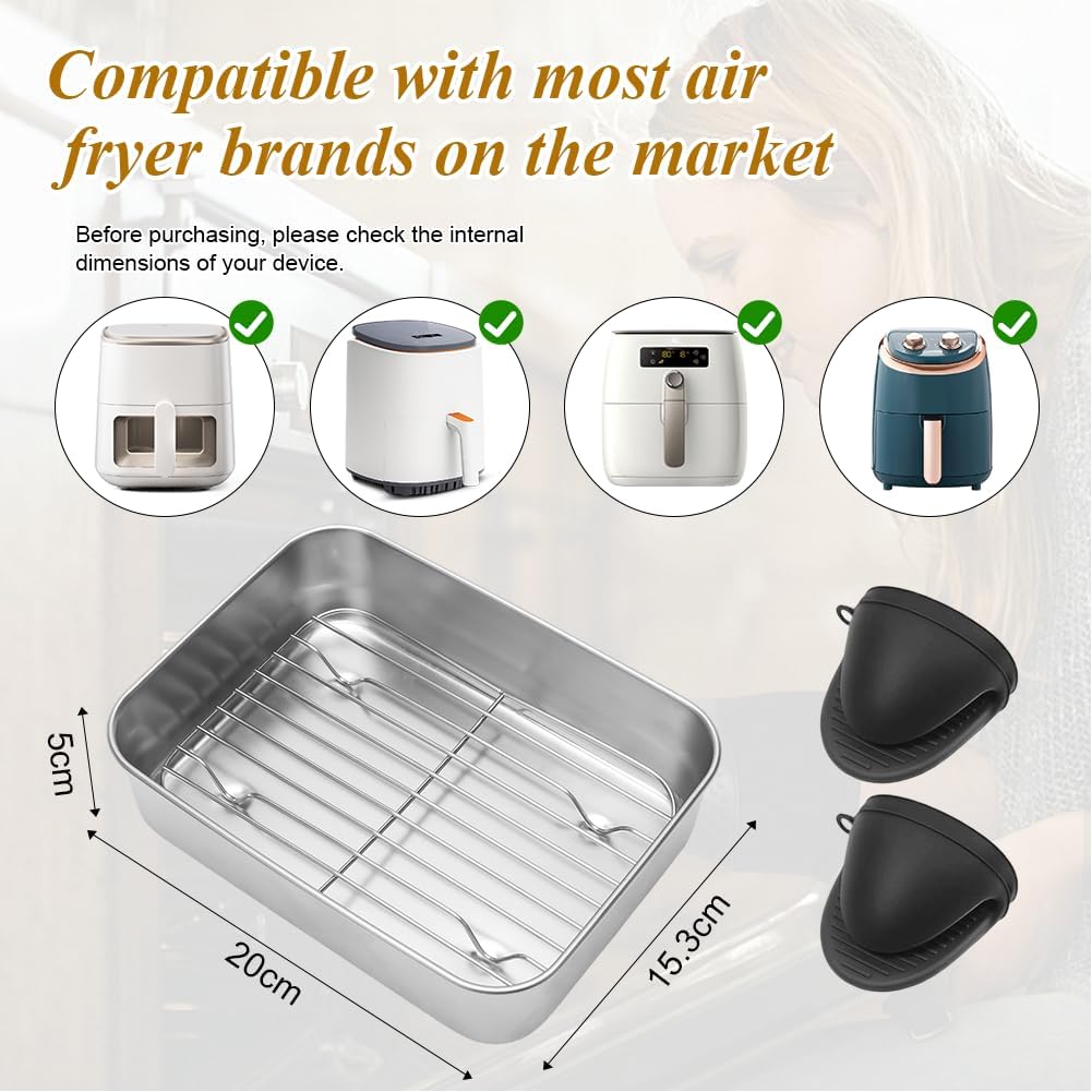 Edelstahl Auflaufform für Airfryer, Bratblech mit Gestell, Dichtdeckel und Hitze-Schutzgriffen, Robu