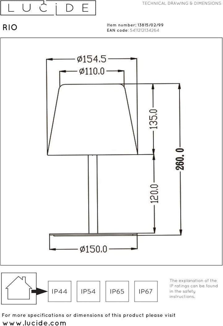 LUCIDE RIO - wiederaufladbare Tischlampe Innen/Aussen - Akku/Batterie - Ø 15,5 cm - LED Dim. - 1x1,8