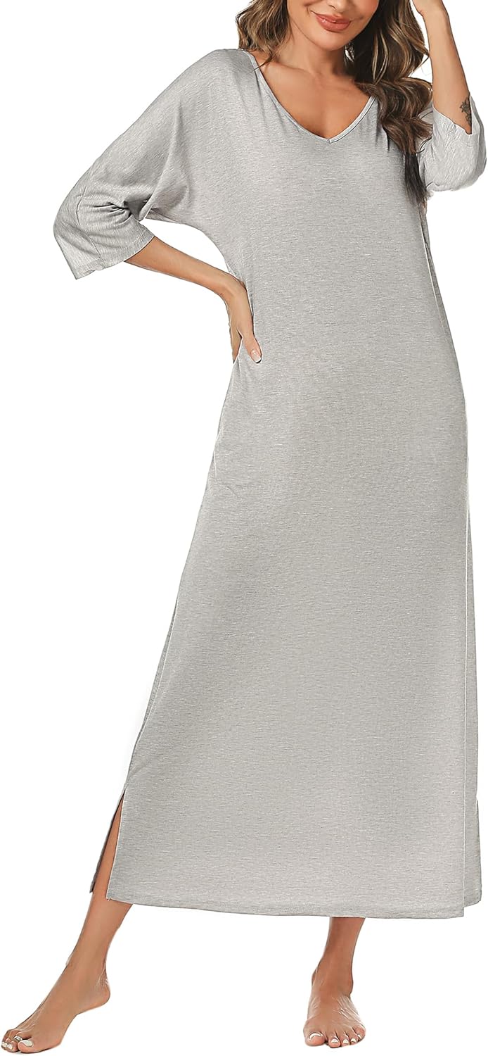 Uniexcosm Nachthemd Damen Lange Baumwolle 3/4 Ärmel Nachtkleid Nachtwäsche V-Ausschnitt Freizeitklei