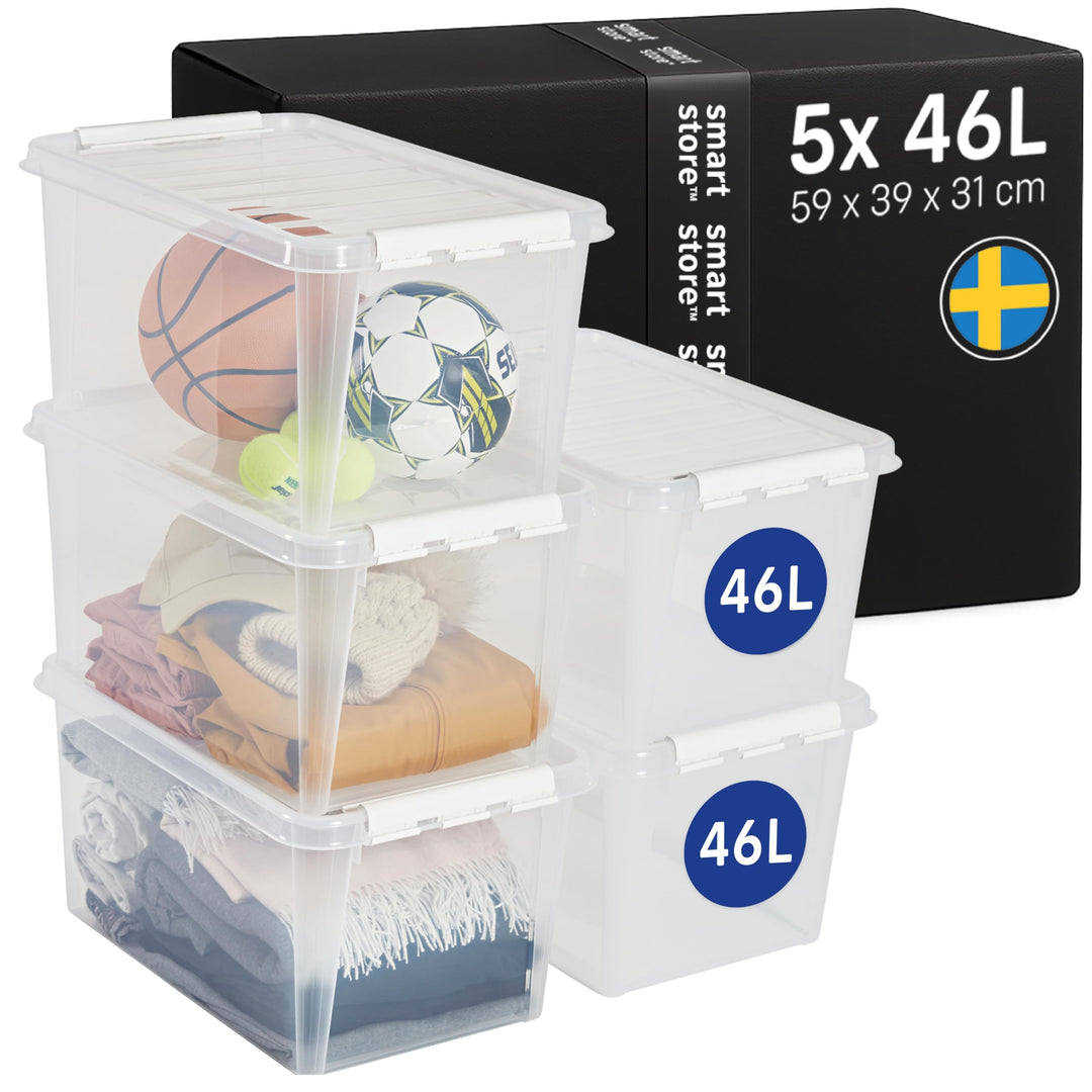 SmartStore Aufbewahrungsboxen 47 L – 5 transparente und stapelbare Boxen mit Deckel und Clipverschlu