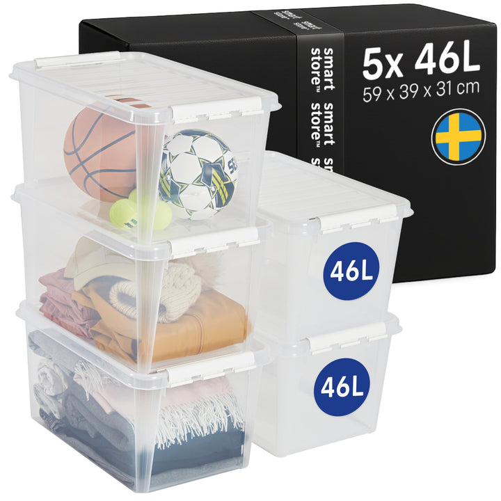 SmartStore Aufbewahrungsboxen 47 L – 5 transparente und stapelbare Boxen mit Deckel und Clipverschlu