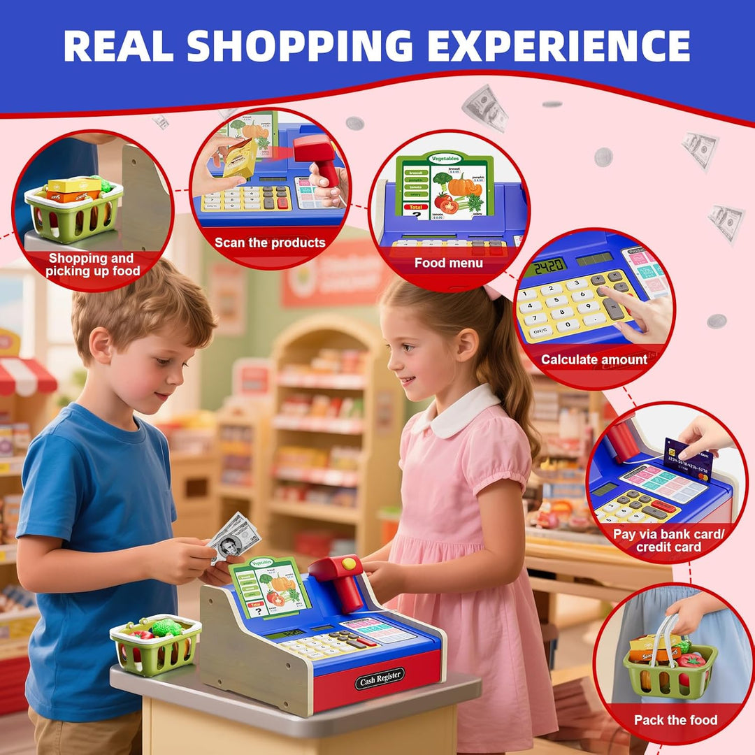Kinder Kasse Holzkasse mit Sound, Spielkasse Kaufladen Spielzeug mit Spielgeld/Münzen/Kreditkarte/Ei