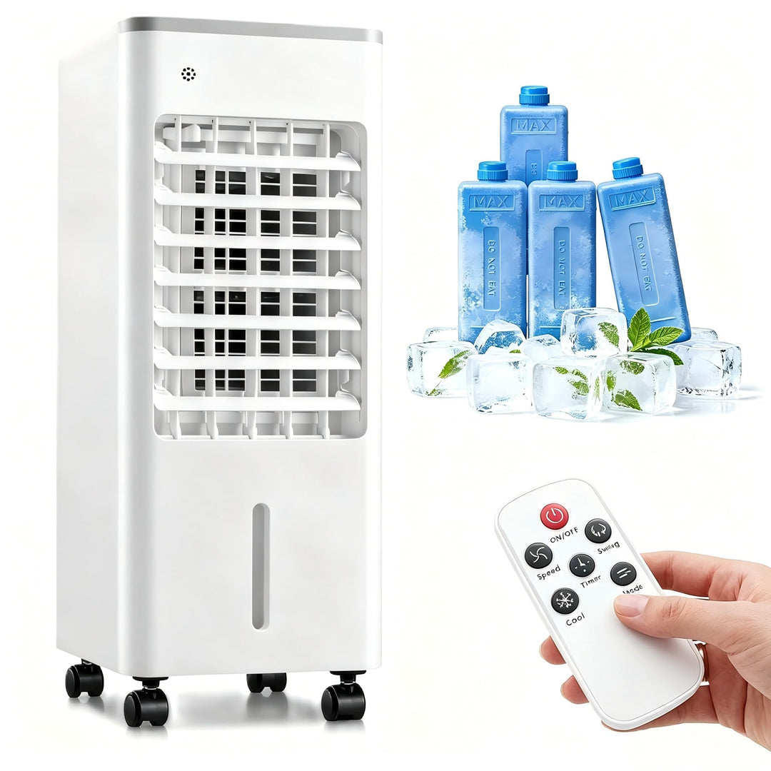 Ventilator mit Wasserkühlung, 6-Liter Verdunstungskühler mit Fernbedienung &amp; 2 Kühlakkus, 4-in-1-Rau