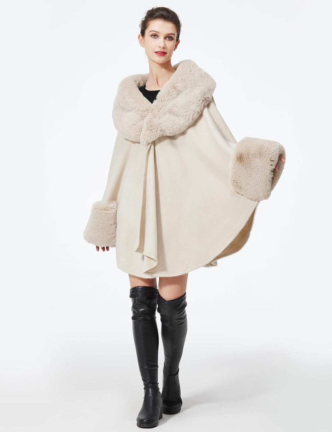 BEAUTELICATE Kunstpelz Poncho Stola Damen Umhang Cape Herbst Strickjacke Winter Mantel Mit Kunstfell