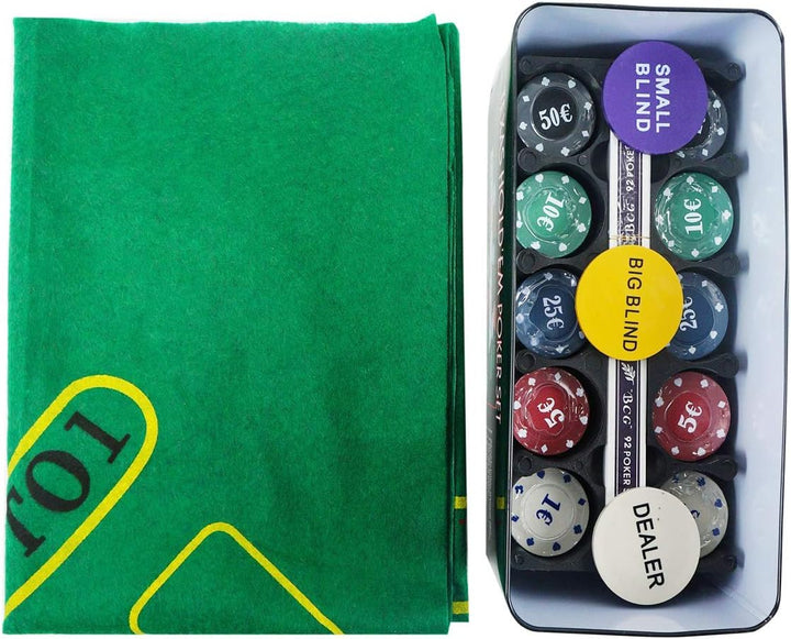 grupu fu Pokerset Metallbox, 200 Pokerchips, 2 Covers, Dealer Button, Small Blind, Big Blind, Spielm