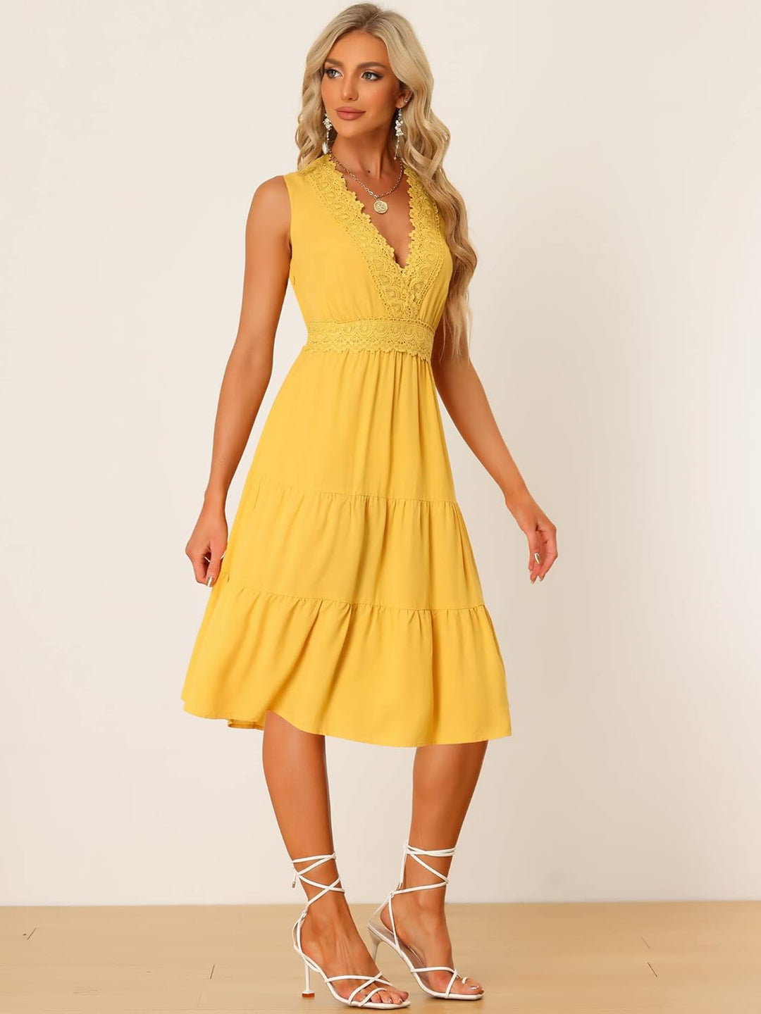 Allegra K Damen Sommerkleid Ärmellos V-Ausschnitt Spitzeneinsatz Lässiges Midi Kleid XL Gelb, XL Gel