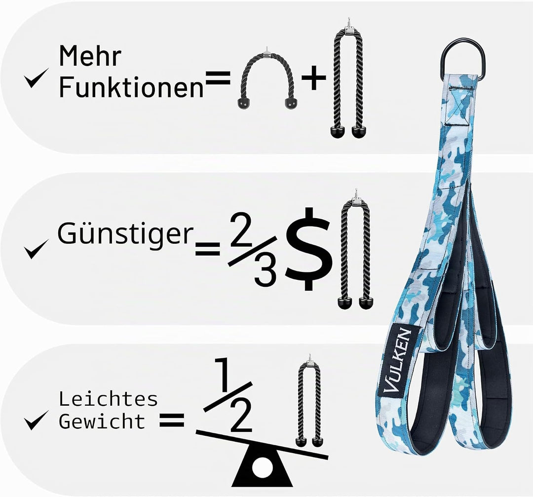 Vulken Trizepsseil-Kabelzug-Aufsatz. Zwei Grössen in einem, extra langes Seil. Trizeps-Extensionsgur