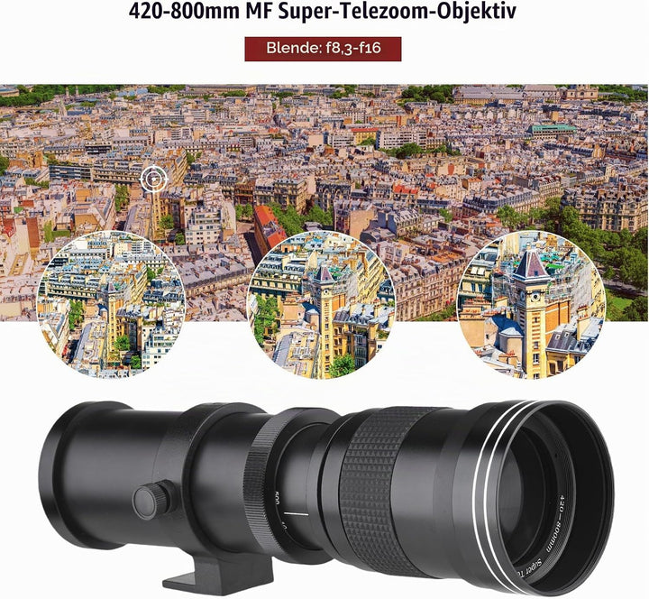 Andoer Kamera-MF-Supertelezoomobjektiv F/8.3-16 420–800 mm T-Mount Universal-1/4-Gewinde Ersatz-Voll
