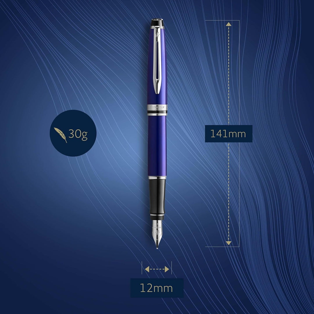 Waterman Expert Füller , blau mit Chromzierteilen , Füllfederhalter mit mittlerer Feder , Geschenkbo