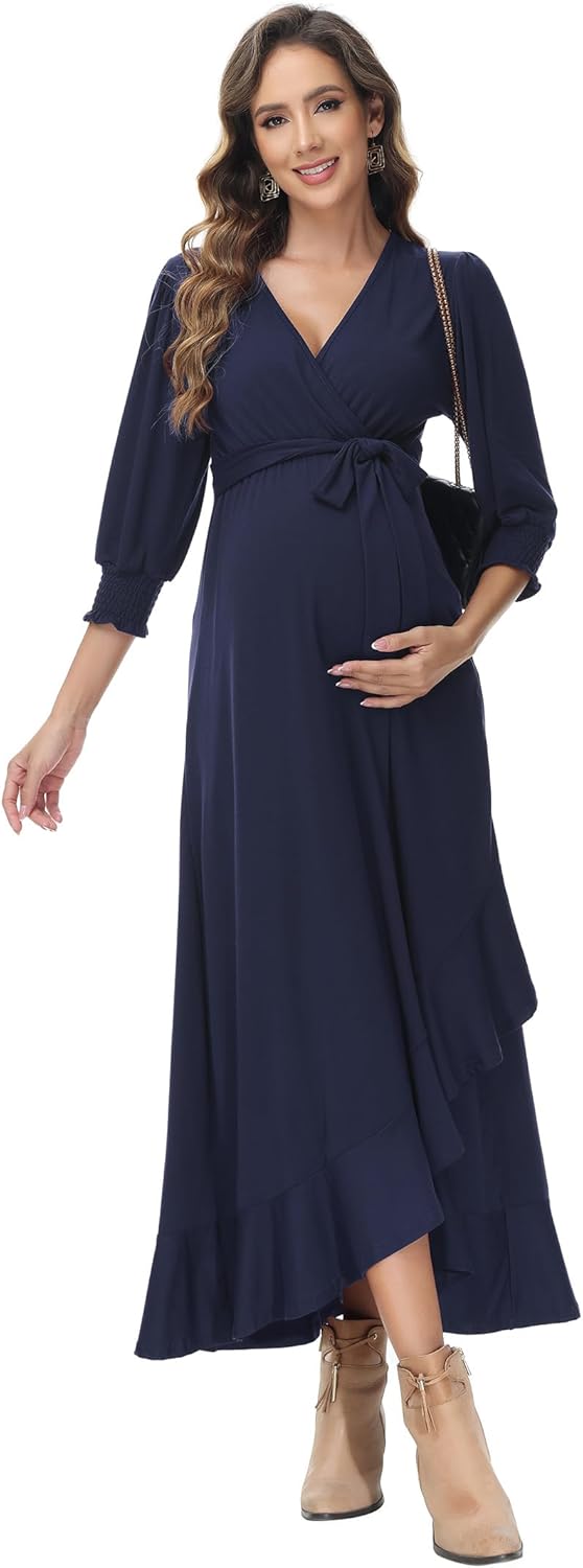 KOJOOIN Damen Umstandskleid V-Ausschnitt Stillkleid Kurzarm Schwangerschaftskleid mit Rüschen Blumen