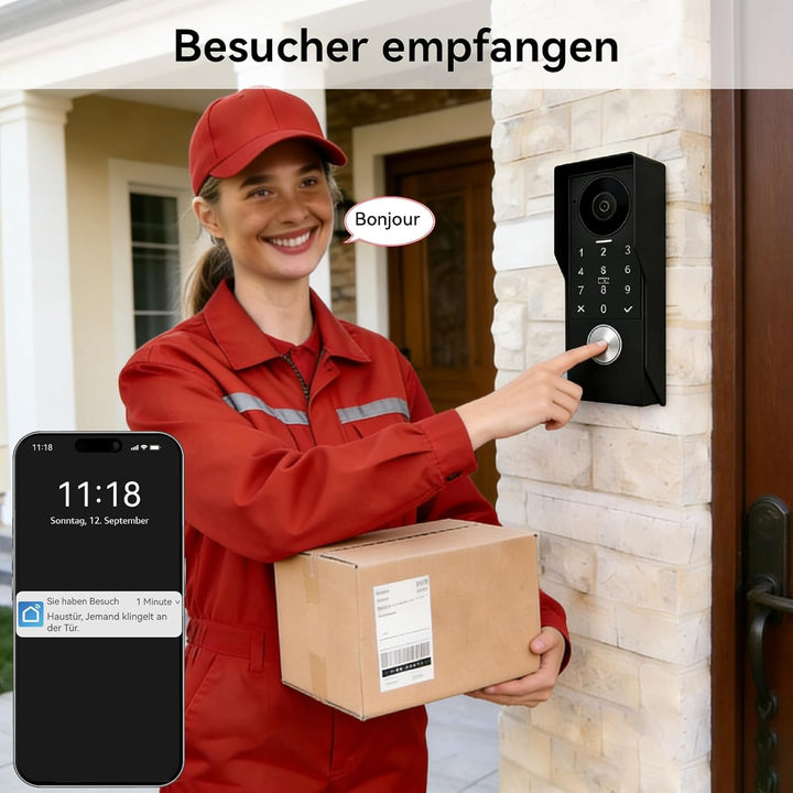 Video Türsprechanlage 2 Draht, Türklingel mit Kamera, Full HD Kamera,Türsprechanlage unterstützt Pas