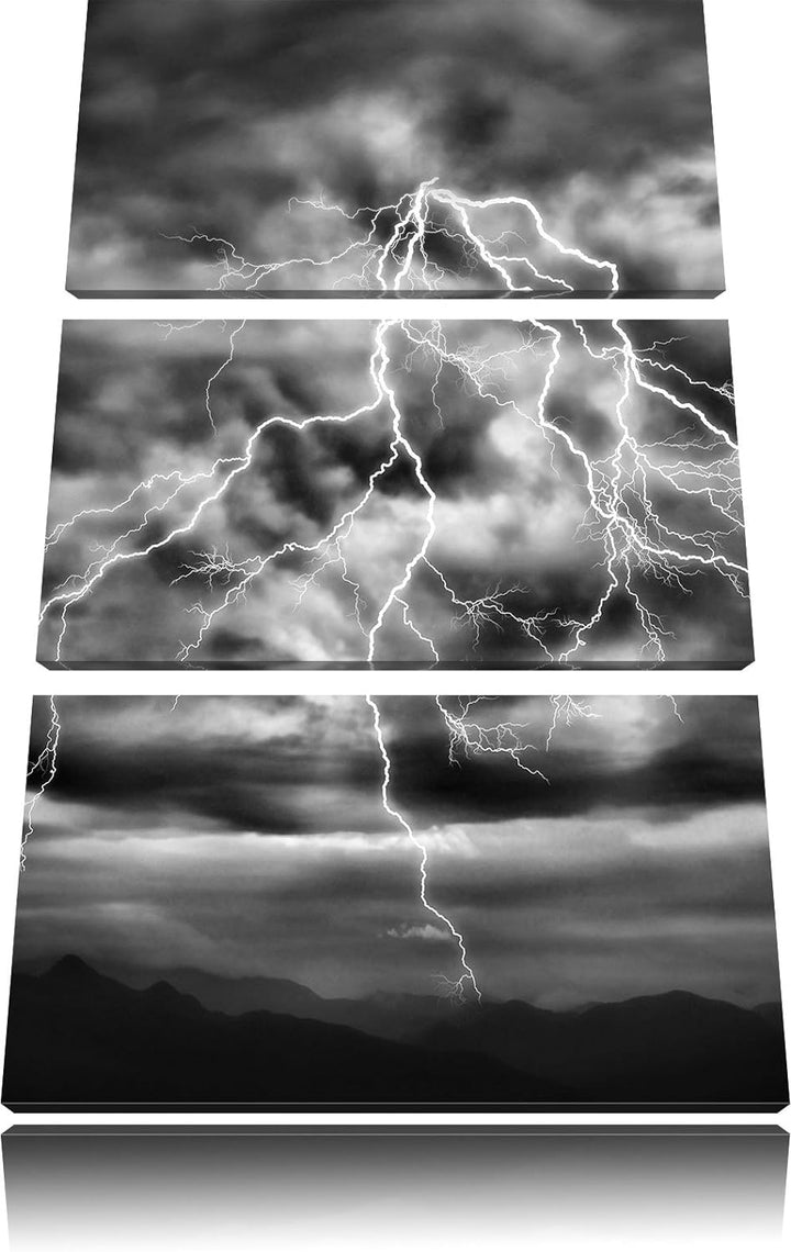 Pixxprint Monocrome, Blitze am stürmischen Himmel 3-Teiler Leinwandbild 120x80 Bild auf Leinwand