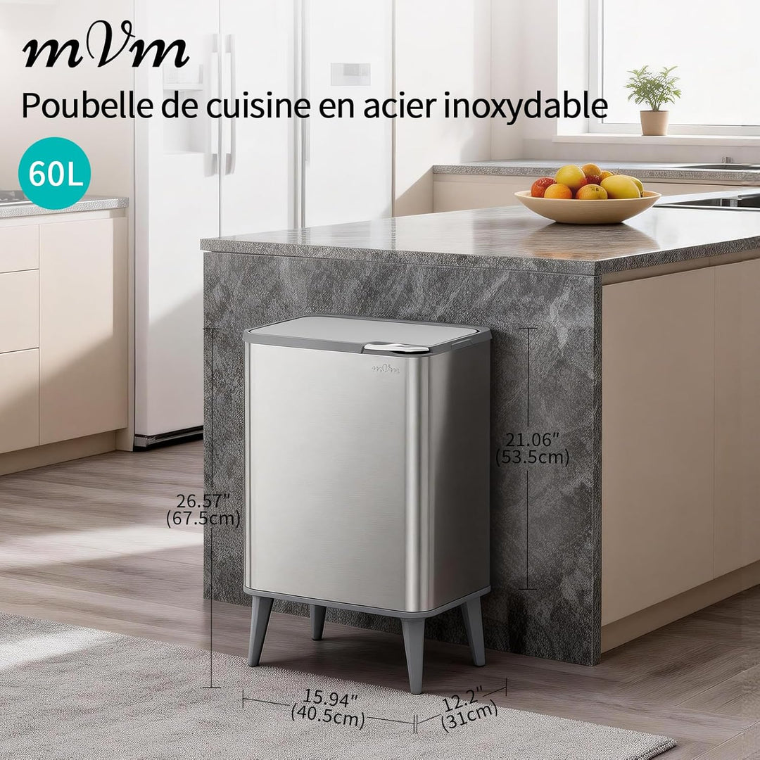 mVm Küchen & Büromülleimer 60L, Edelstahl, Rechteckig, Mit Deckel & Geruchsfilter, Sanftschliessend