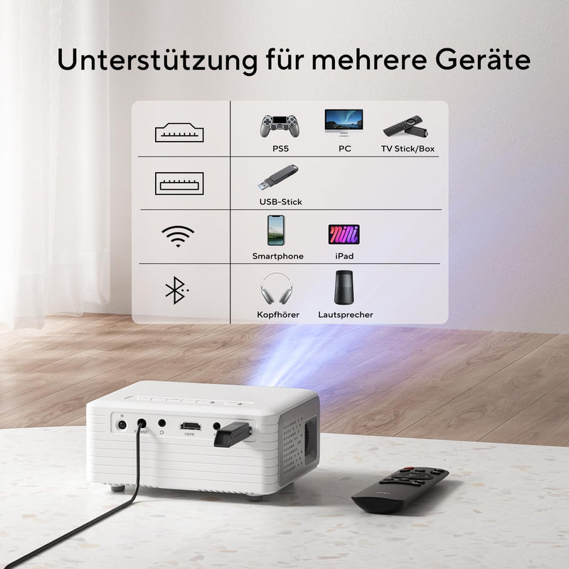 Mini Beamer mit Stativ, AKIYO WiFi Bluetooth Beamer Full HD 1080P Unterstützung, Native 720P Portabl