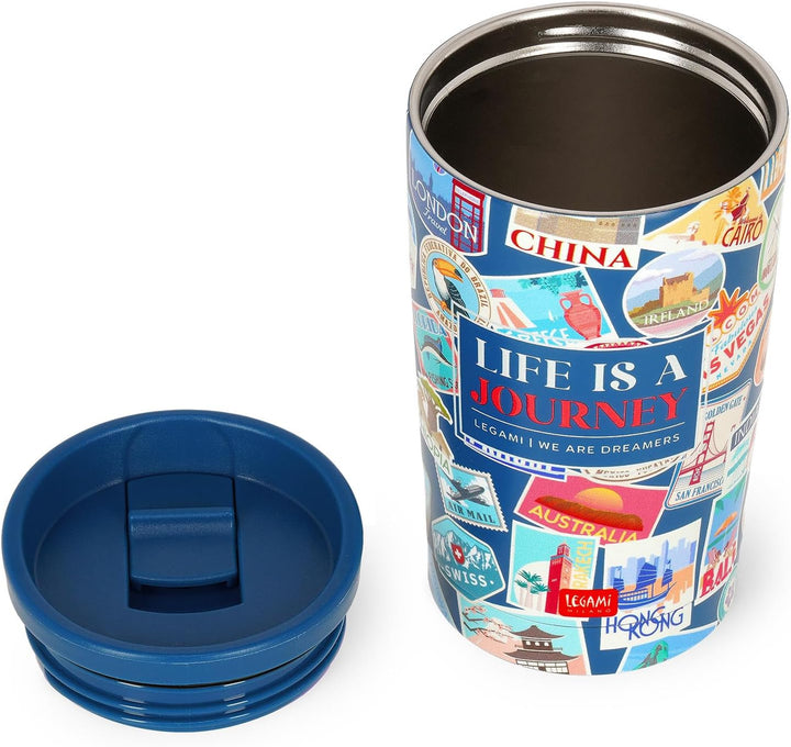 Legami - Thermobecher Hot&Cold Vacuum Tumbler, Travel Stickers, luftdichter Verschluss, aus Edelstah