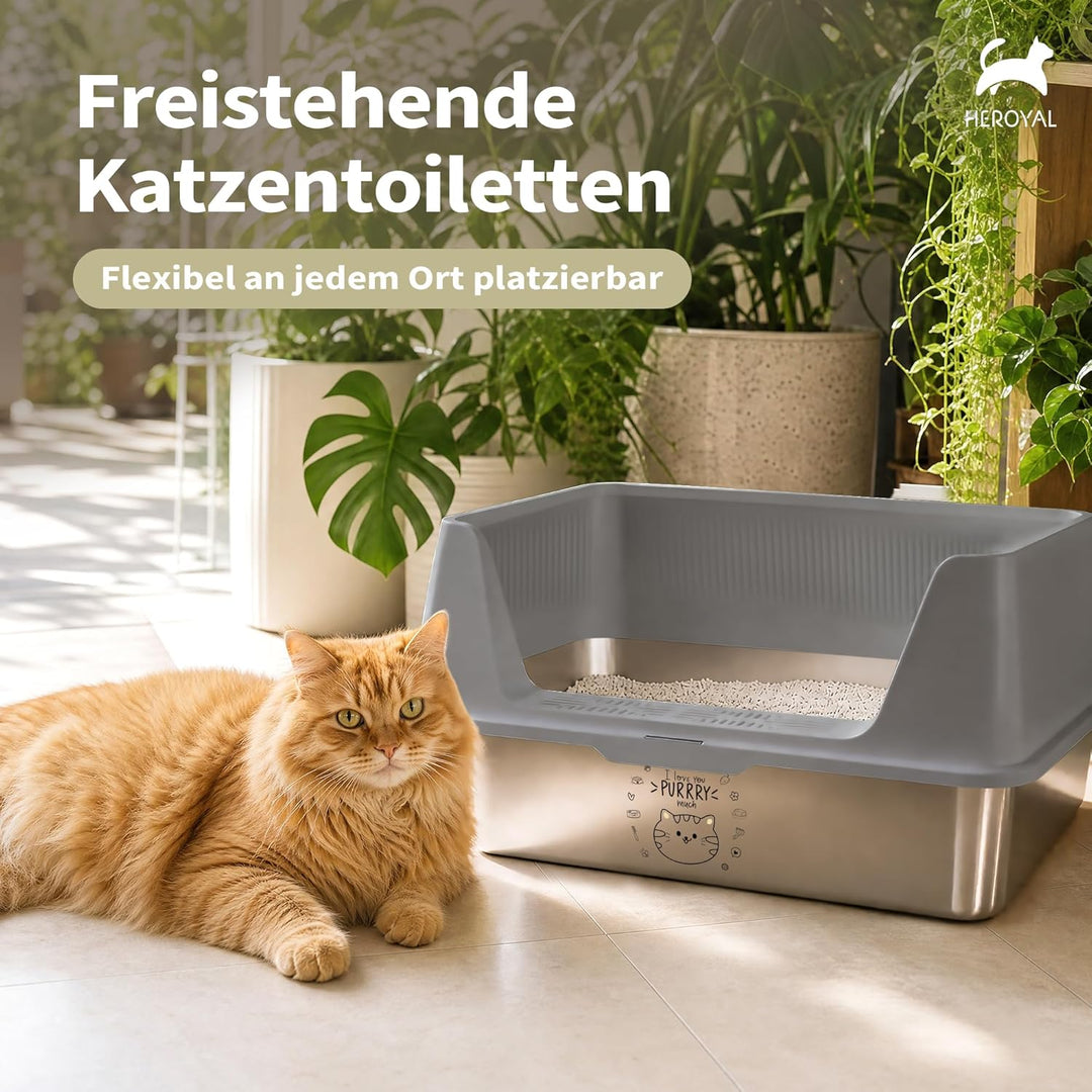 Katzenklo Edelstahl XXXL mit DIY-Aufkleber, 20L Katzentoilette Edelstahl mit Deckel, Grosse Kapazitä