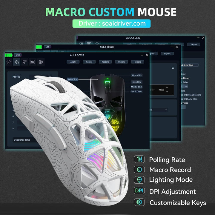 AULA SC620 Kabellose Gaming Maus,BT5.0/2.4G/USB-C,mit PixArt PAW3311-Sensor,12000DPI,8KHz,Feuertaste