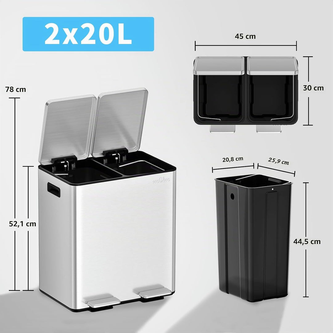 mVm Mülleimer Küche,40 Liter Treteimer,2 x 20 Liter Treteimer, 2 Fächer, Mülltrennsystem, Abfalleime