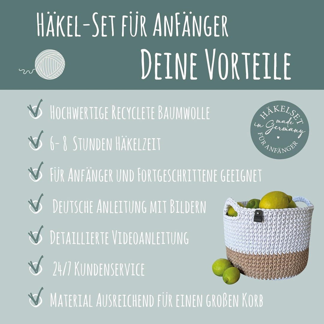 HÄKEL LIESE Häkelset für Anfänger - grosser Korb, Häkelset Anfänger, Aufbewahrungskorb, Baumwollgarn