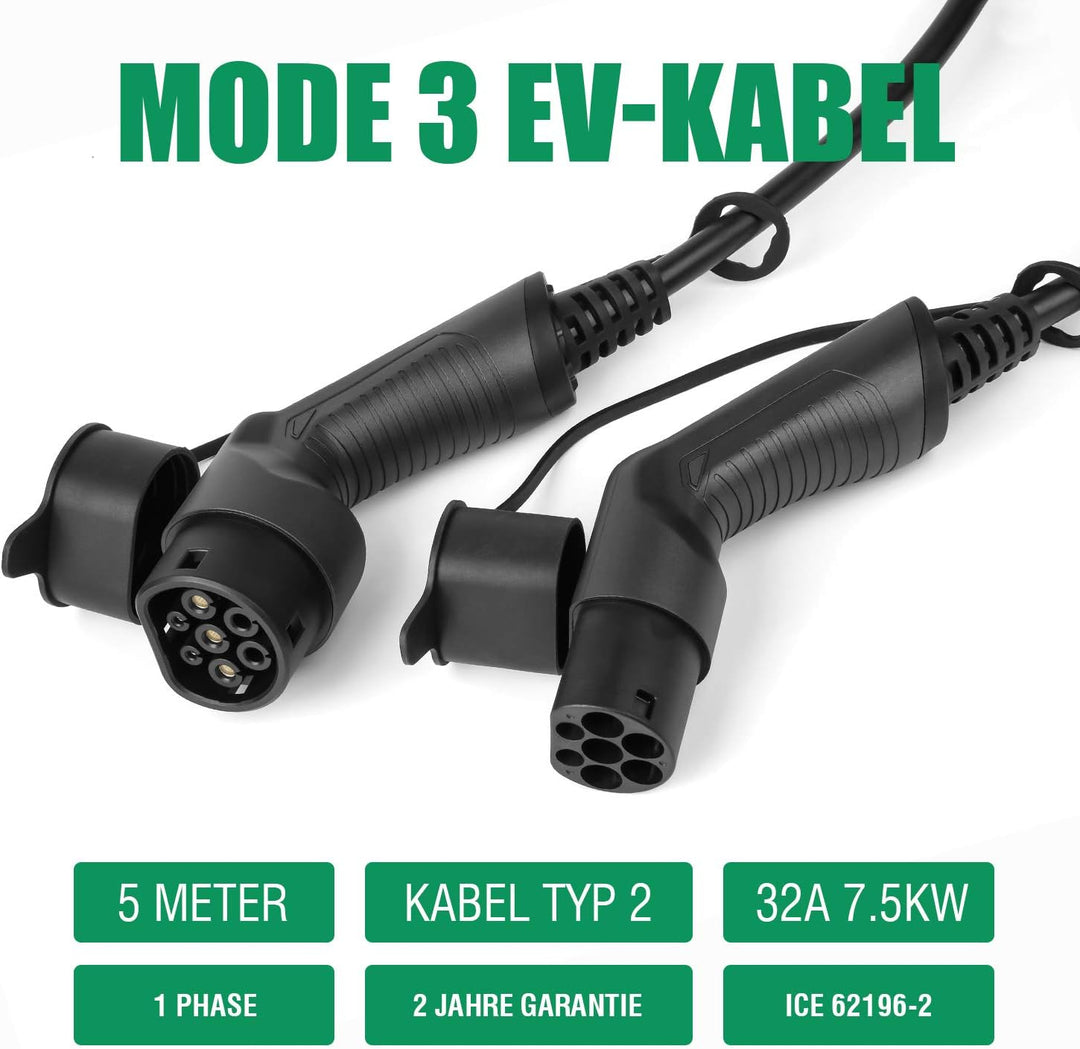 Elektroauto Ladekabel 32A 7,4kW, einphasig, Typ 2 auf Typ 2 (IEC 62196-2), 5m, kompatibel mit Allen
