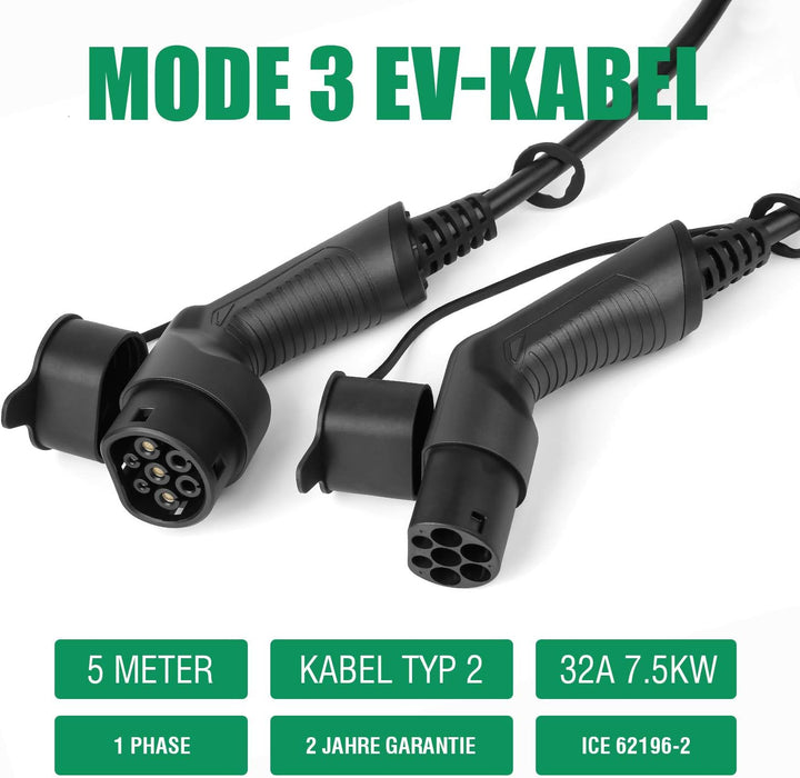 Elektroauto Ladekabel 32A 7,4kW, einphasig, Typ 2 auf Typ 2 (IEC 62196-2), 5m, kompatibel mit Allen