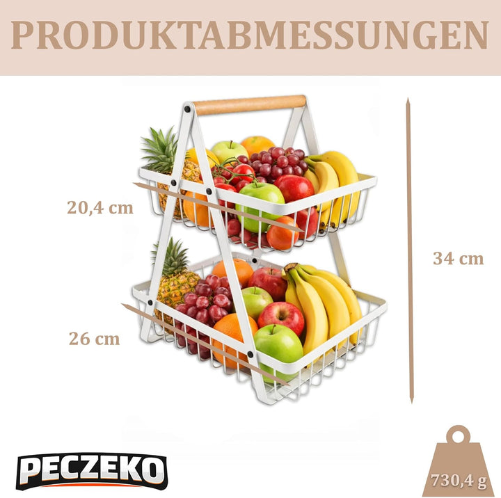 Zweistöckiger Obstkorb mit 2 Ebenen – Platzsparende Obstschale & Obsetagere aus Metall mit Holzgriff