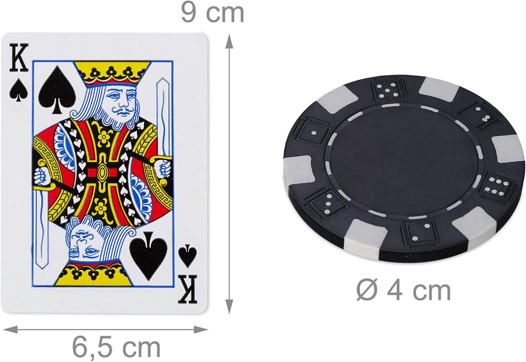 Relaxdays Pokerkoffer, 300 Laser Pokerchips, 2 Kartendecks, 5 Würfel, Dealer Button, Aluminiumkoffer