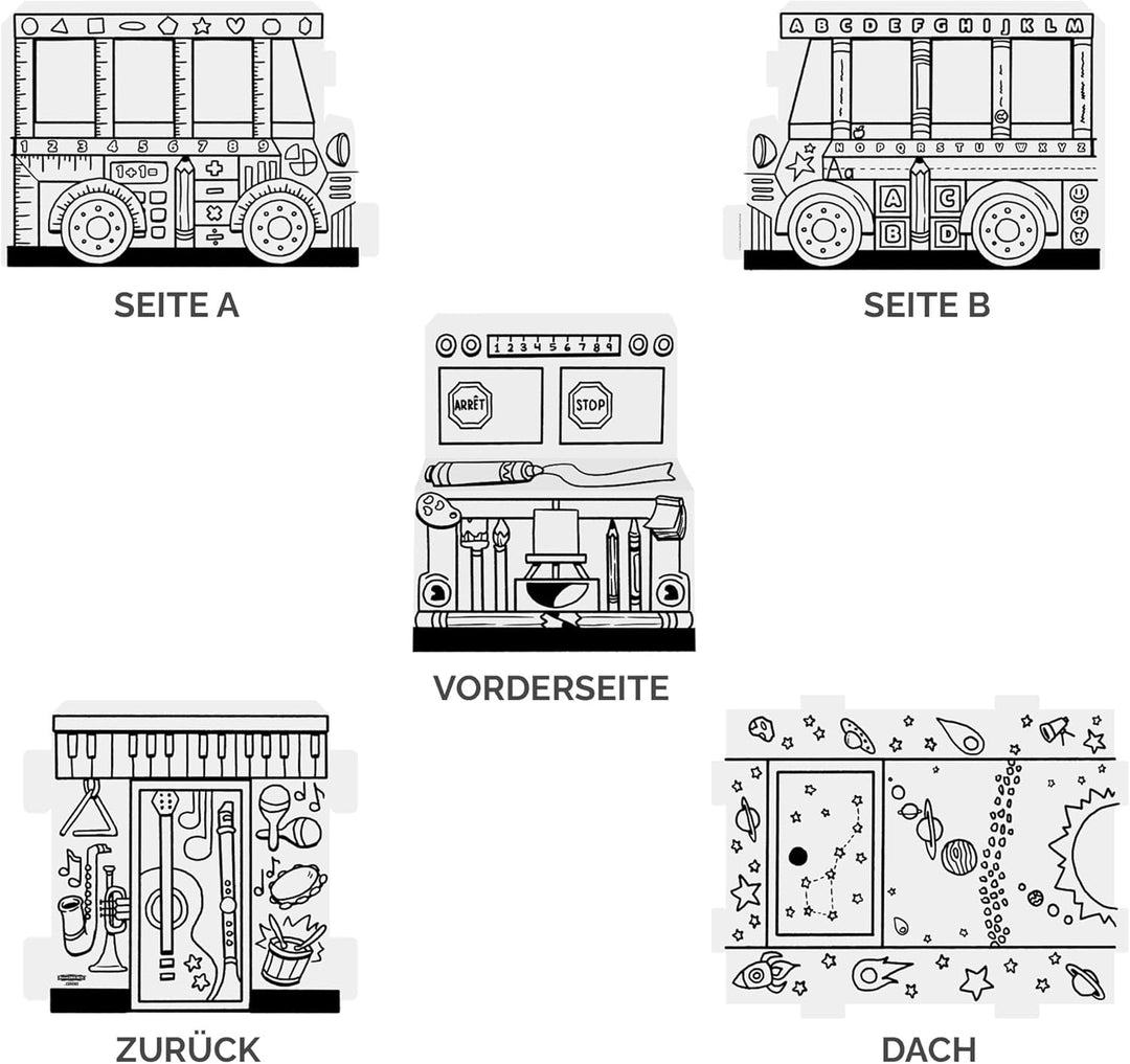 BANKERS BOX Colour-In School Bus Cardboard Playhouse für Kinder (114,3 x 78,74 x 83,82cm) - Craft Ac
