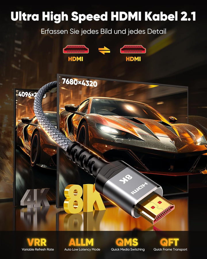 SNOWKIDS HDMI Kabel 3Meter 8K, HDMI 2.1 Kabel 48Gbps Highspeed 8K@60Hz 4K@120Hz 7680P eARC HDR10 DTS