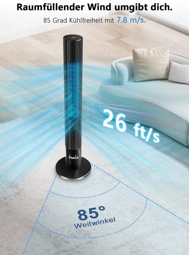 26dB Leiser Turmventilator, 110 cm Flügelloser Turmventilator, 7,8 m/s Luftstrom, 3 Geschwindigkeite