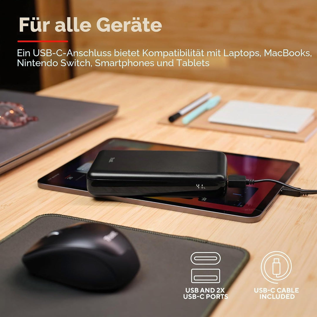 Trust Laro Laptop Powerbank 100W Schnelllade Power Bank 20000mAh 2X USB-C 1x USB-A, Powerstation Cha