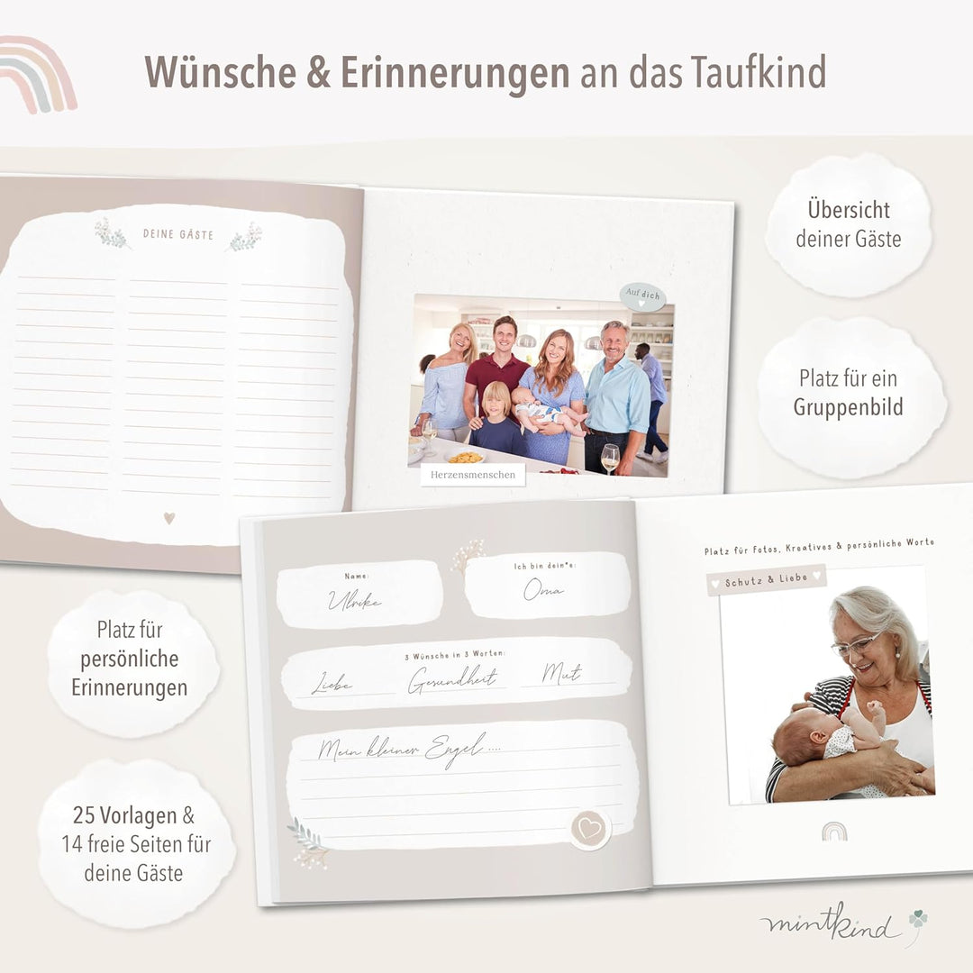 mintkind® Gästebuch Taufe Beige - Erinnerungsbuch für Junge &amp; Mädchen, Taufgeschenk &amp; Taufalbum, 72