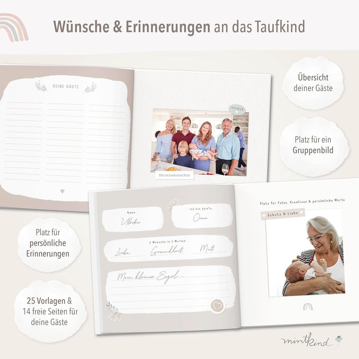 mintkind® Gästebuch Taufe Beige - Erinnerungsbuch für Junge &amp; Mädchen, Taufgeschenk &amp; Taufalbum, 72