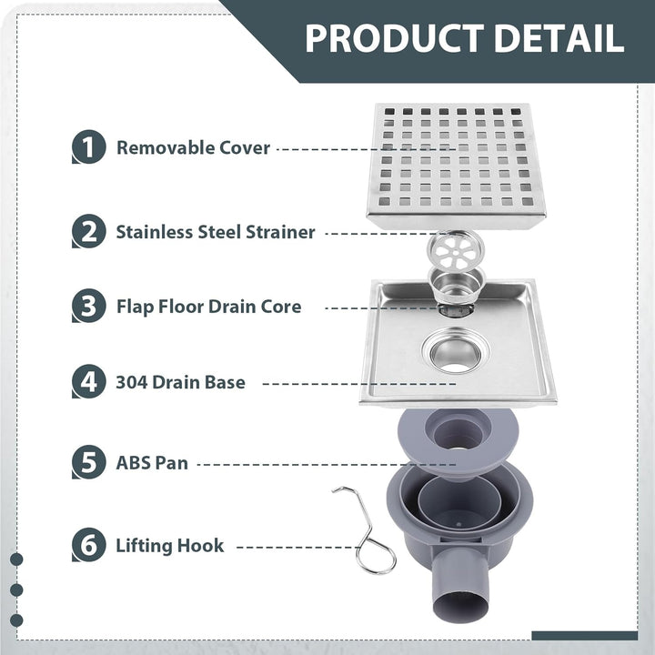 Edelstahl Duschablauf 15 * 15cm, Edelstahl Ablaufrinne Bodenablauf mit Geruchsverschluss und Ablaufr