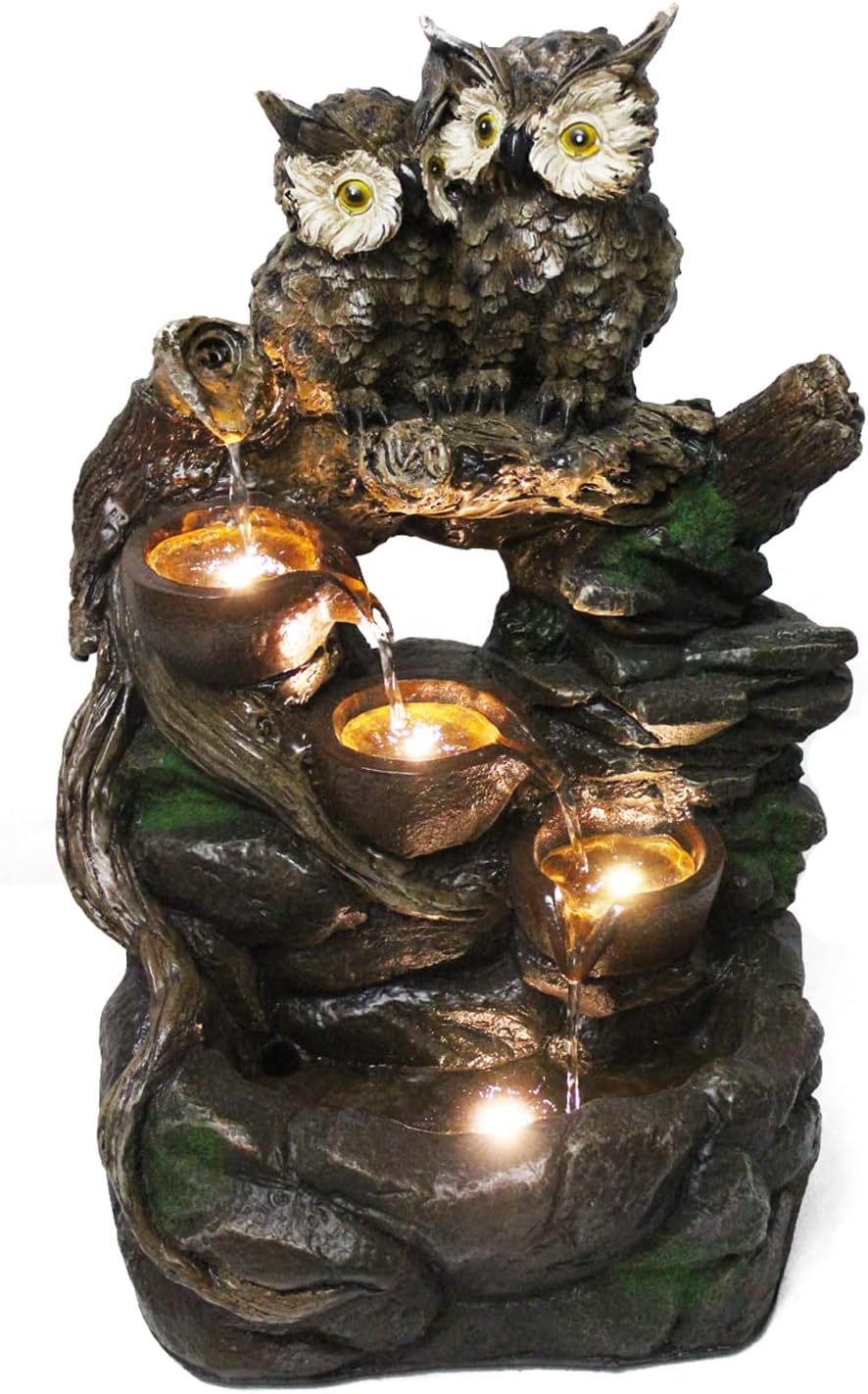 Gartenbrunnen Eule mit LED-Beleuchtung Springbrunnen Terrassenbrunnen Wasserspiel Zimmerbrunnen