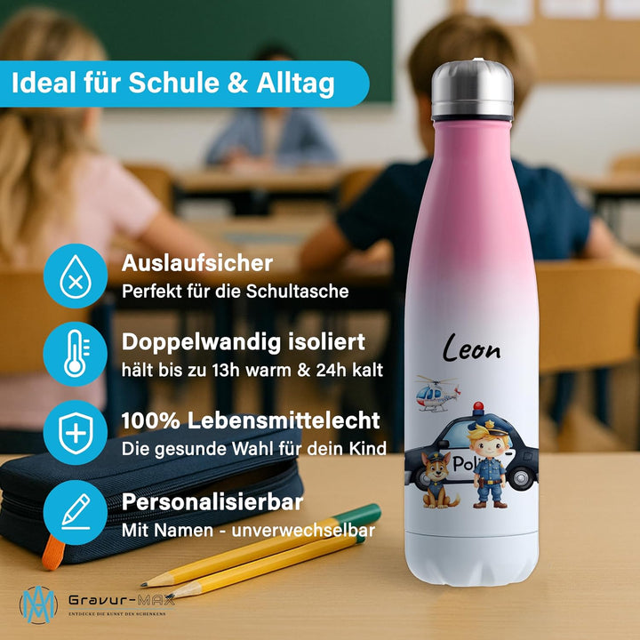 Trinkflasche Edelstahl 500 ml personalisiert - "Polizei" – doppelwandige Thermosflasche hält 13 h wa