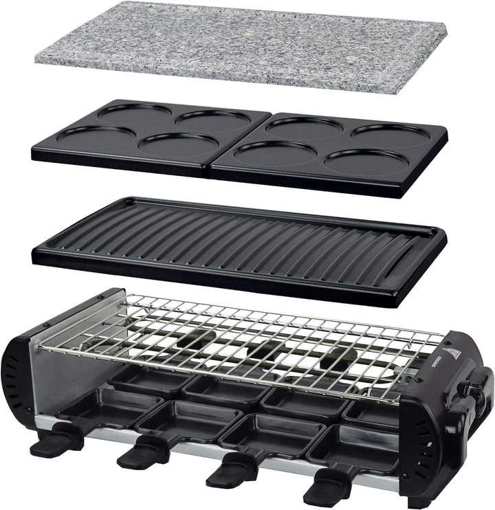 Syntrox Germany Raclette Liestal, 8 Personen, 8 Pfännchen, 4 Grillplatten/heisser Stein, antihaftbes