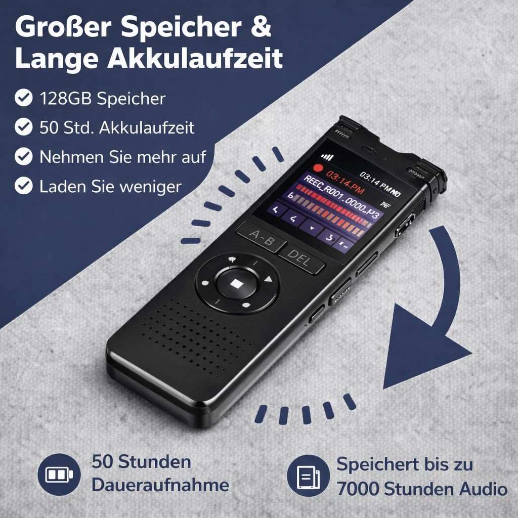 CleverTalk Diktiergerät Professionell 128GB – HD Audio PCM 1536kbps – Sprachaktivierung – Doppelmikr