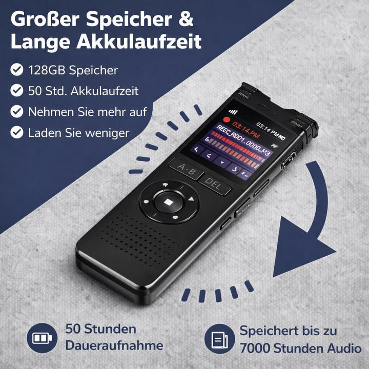 CleverTalk Diktiergerät Professionell 128GB – HD Audio PCM 1536kbps – Sprachaktivierung – Doppelmikr