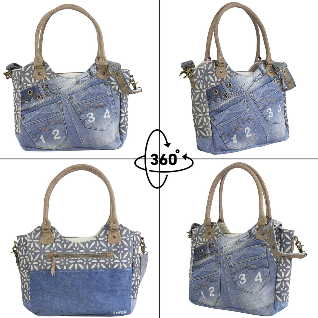 Sunsa Damen Nachhaltige Handtasche aus recycelte Jeans Canvas &amp; Leder. Vintage Still grosse Schulter