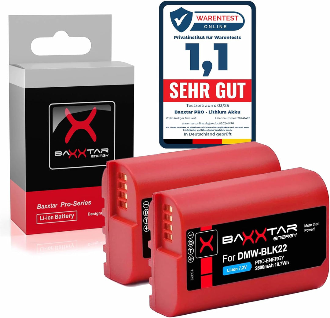 Baxxtar Pro DMW-BLK22 E Kamera-Akku 2X (2400mAh) - kompatibel mit Panasonic DC S5 S5II S5II-X S5K G9